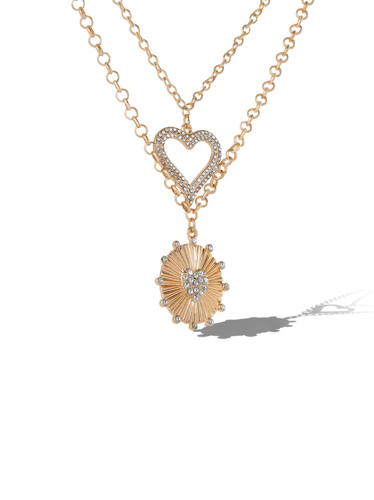 Layered Heart & Sunburst Pendant Necklace Set - Image 2
