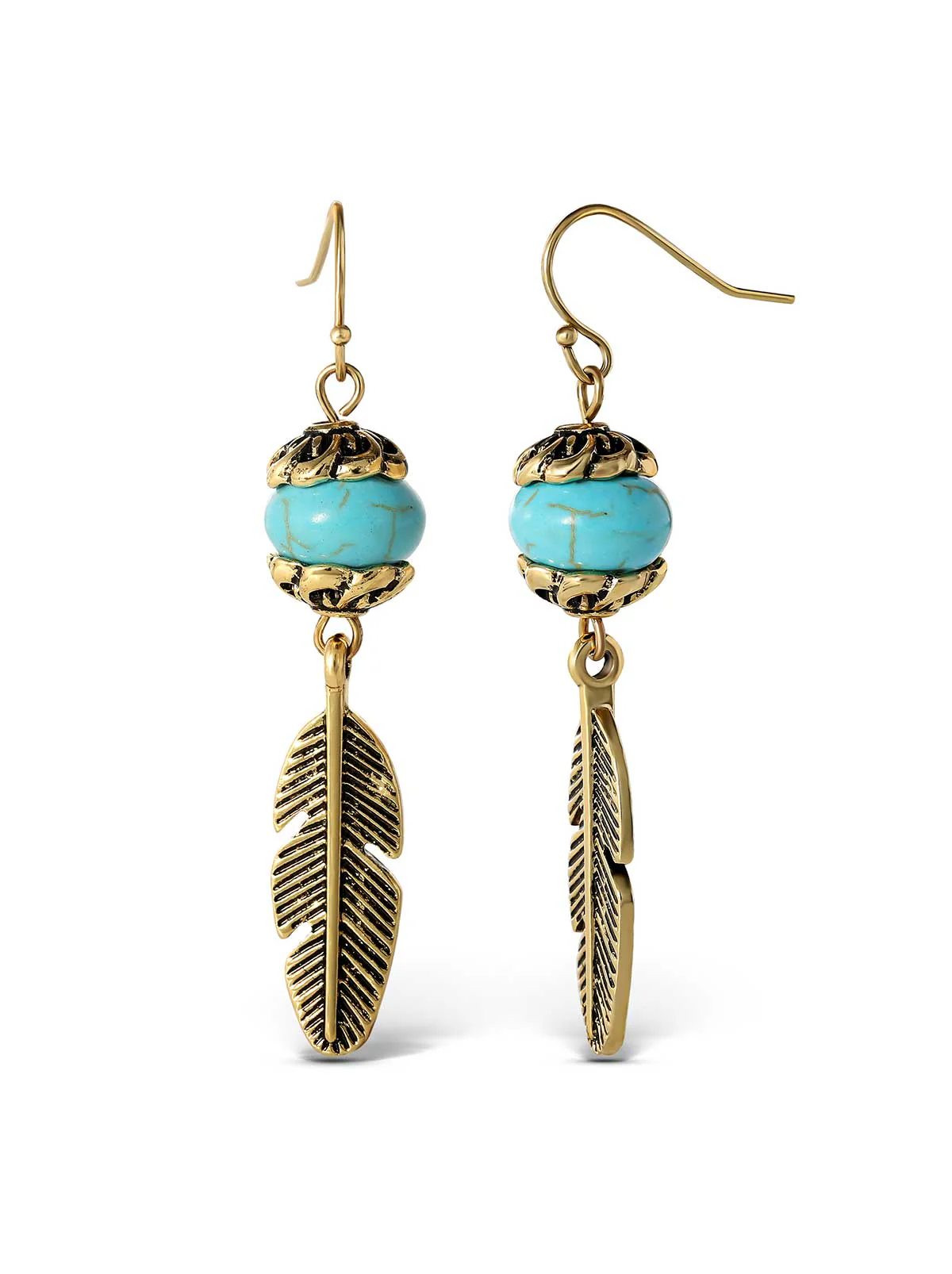 Turquoise Bead Feather Drop Earrings in Gold - Image 2
