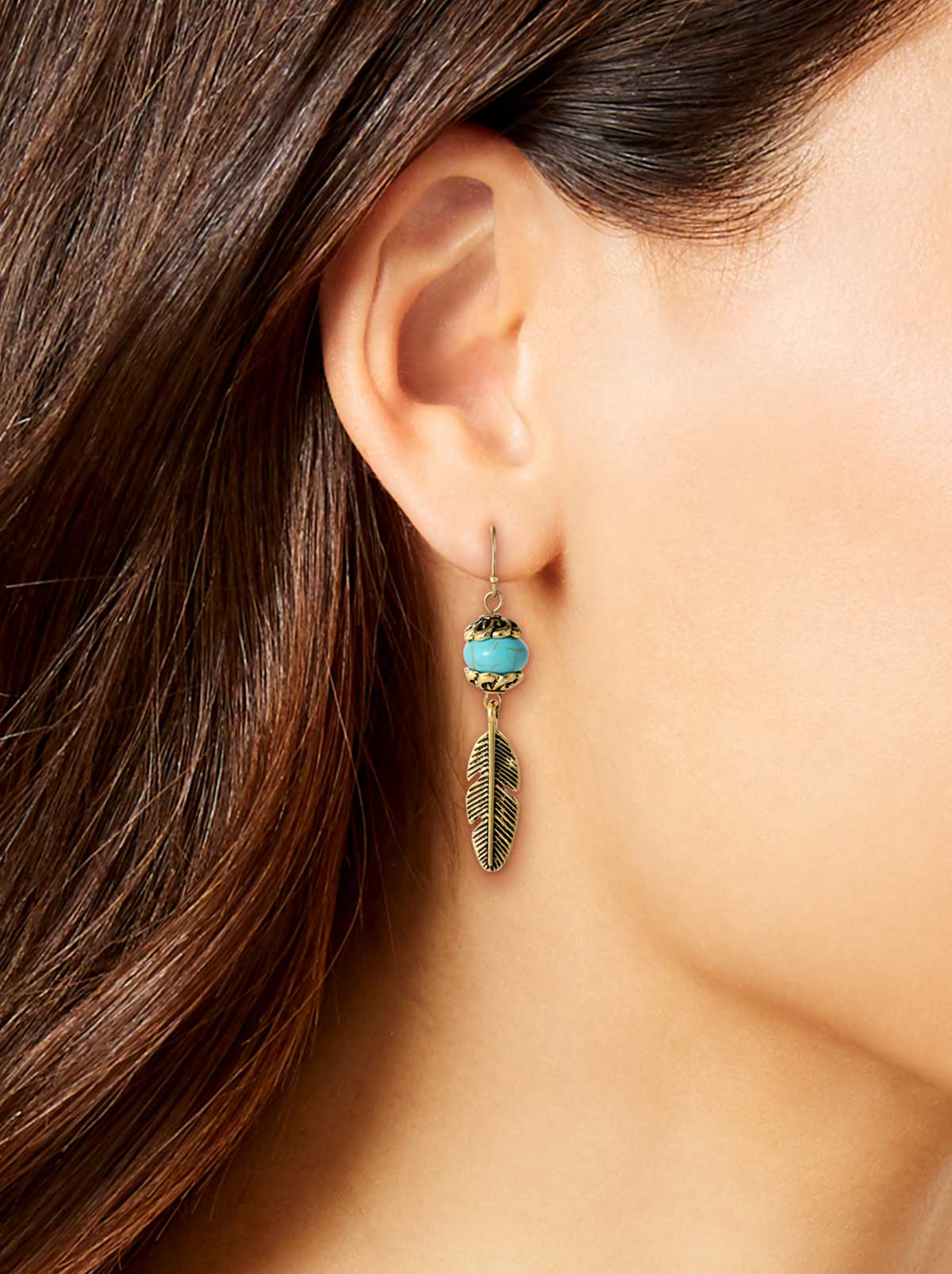 Turquoise Bead Feather Drop Earrings in Gold - Image 3