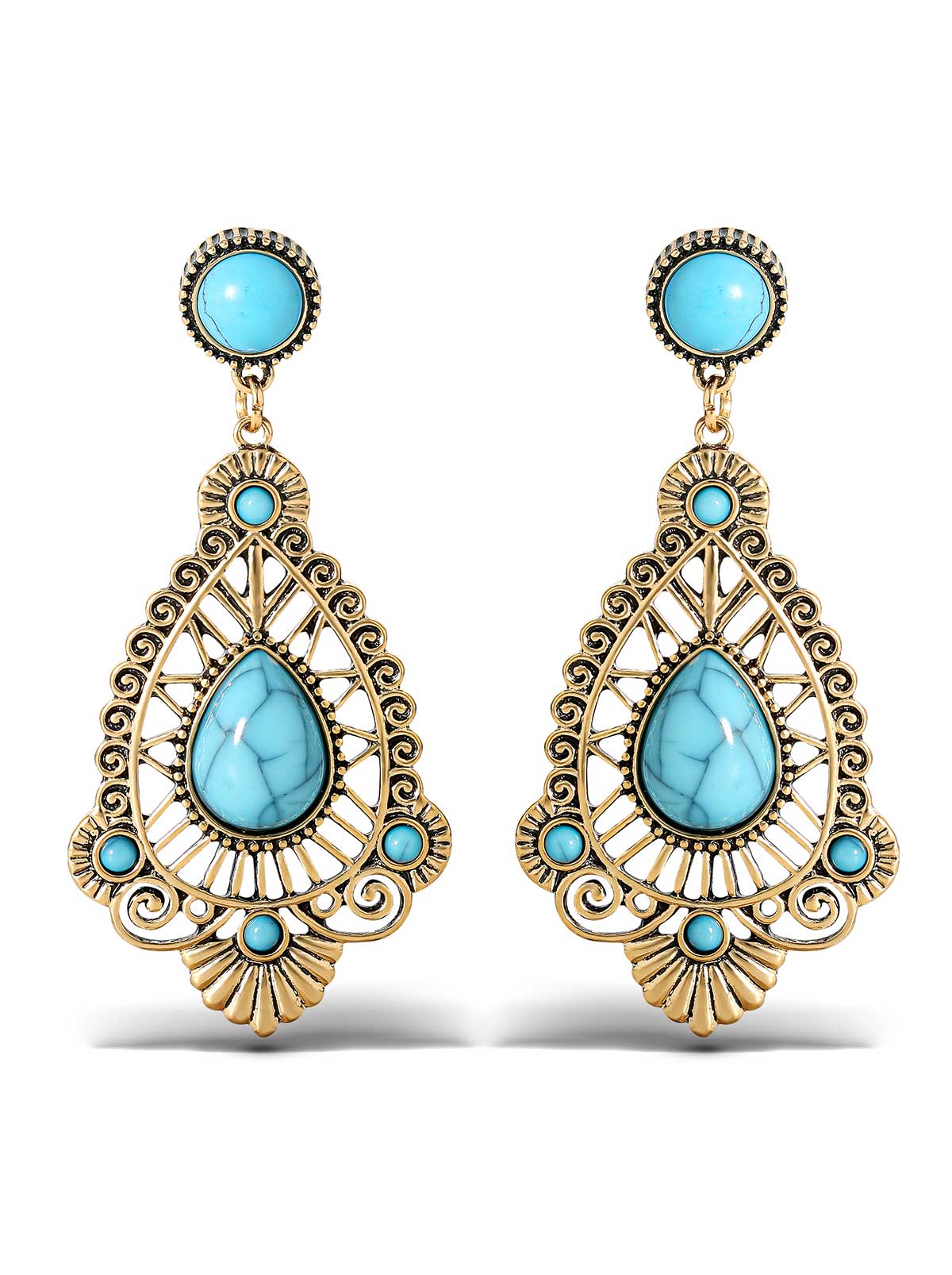 Turquoise Stone Filigree Earrings - Image 2